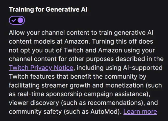 亚马逊默认用 Twitch 主播内容训练 AI，主播可退出
