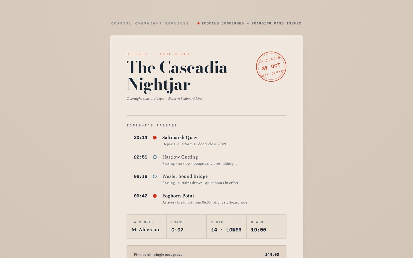The Cascadia Nightjar 卧铺列车票券主图
