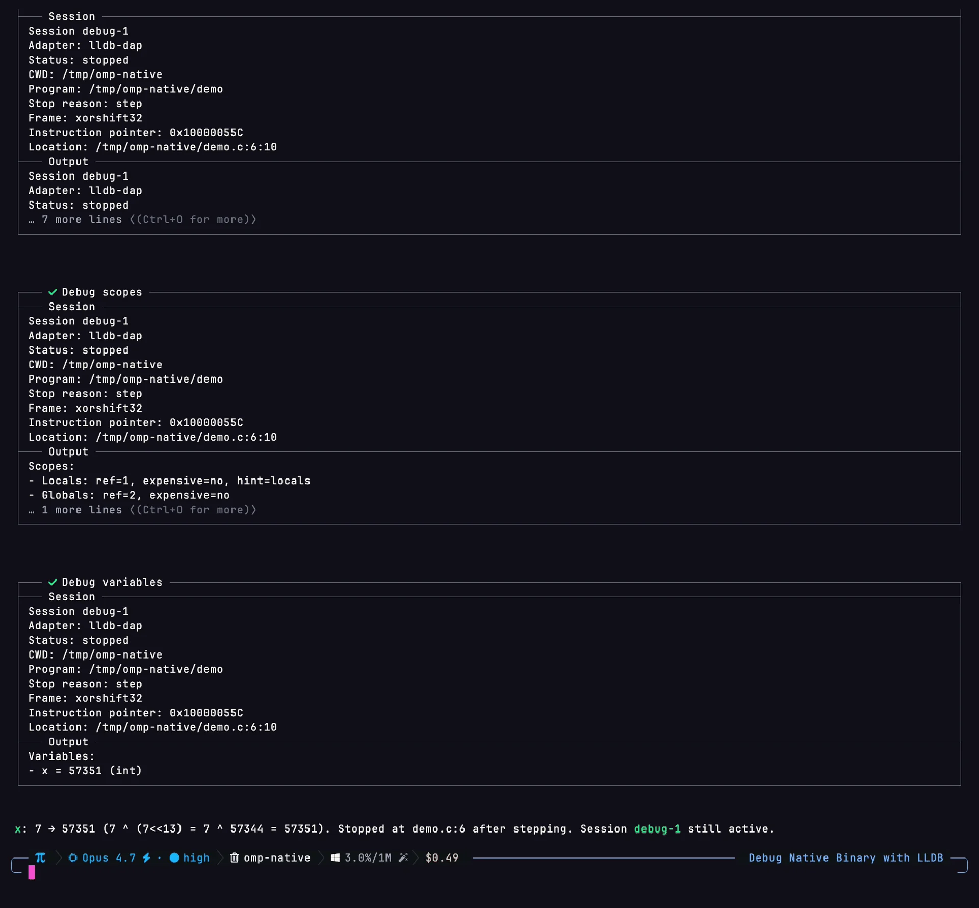 omp TUI: 针对 /tmp/omp-native/demo 原生二进制的一个实时 lldb-dap 会话。Adapter=lldb-dap, Status=stopped, Frame=xorshift32, 指令指针 0x10000055C, 位置 demo.c:6:10。调试作用域和调试变量卡片显示局部变量（x = 57351），agent 确认计算结果：x 从 7 → 57351 (= 7 ^ (7<<13))。