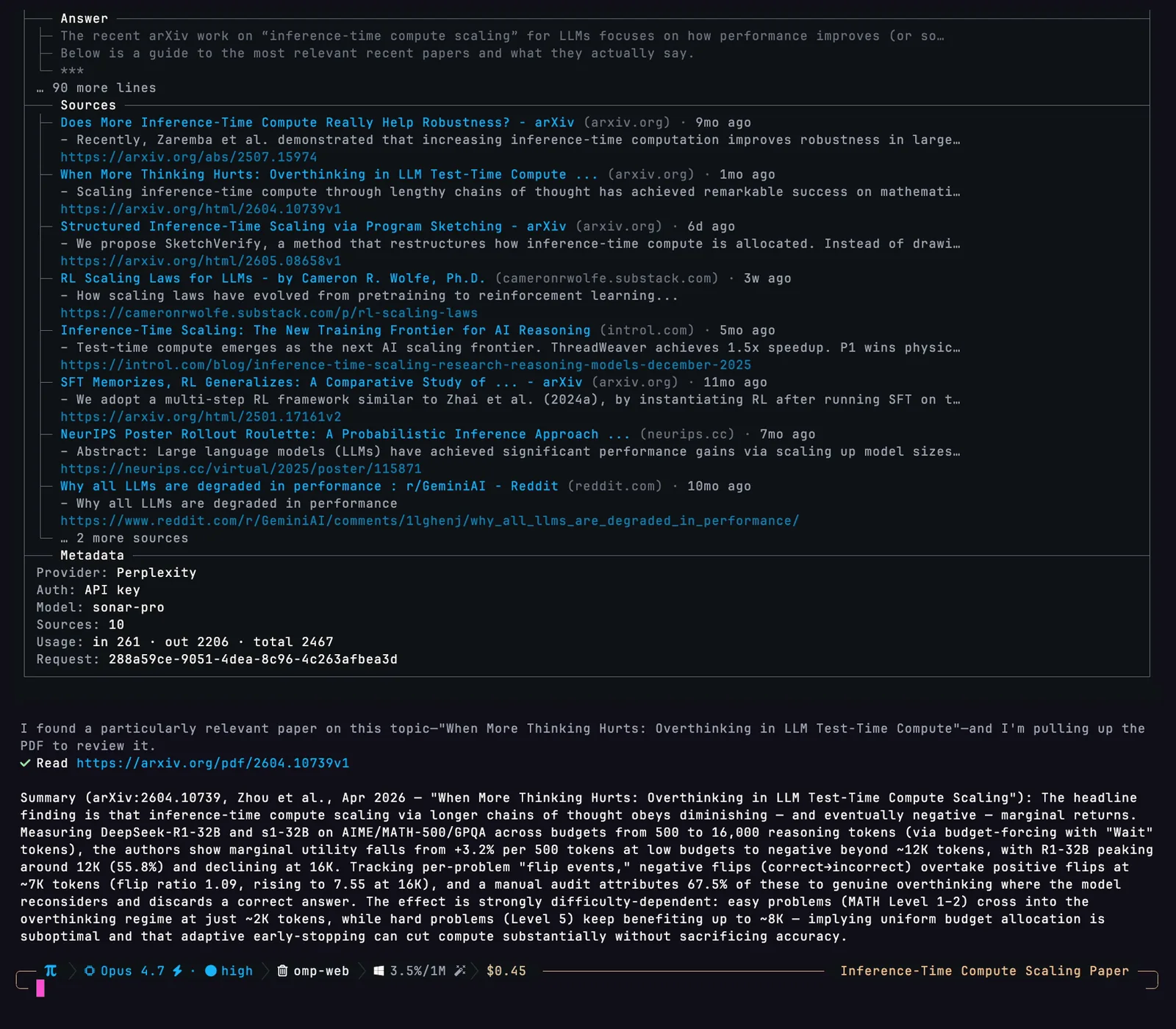 omp TUI: web_search 返回 10 个关于推理时计算扩展的 Perplexity 排名来源，agent 选择一篇 arxiv 论文，调用 read https://arxiv.org/pdf/2604.10739v1，并总结论文的主要结果及真实数据。