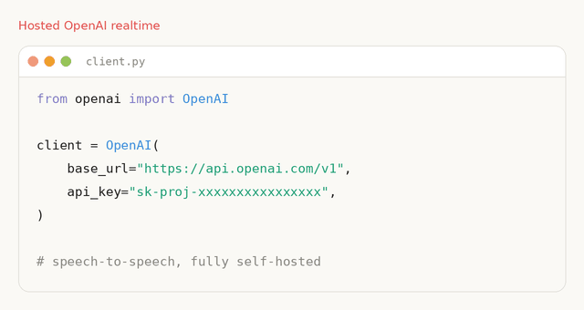 将 OpenAI Realtime 客户端端点从托管 OpenAI 切换到自托管的 speech-to-speech 服务器