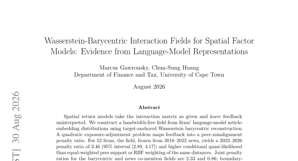 空间因子模型的 Wasserstein-Barycentric 交互场:来自语言模型表示的证据