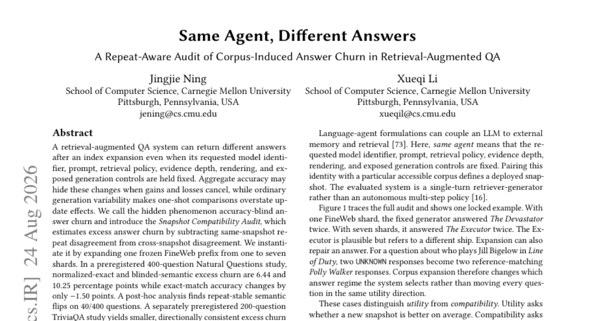 Same Agent, Different Answers: 检索增强问答中语料库引起的答案漂移的可重复性审计