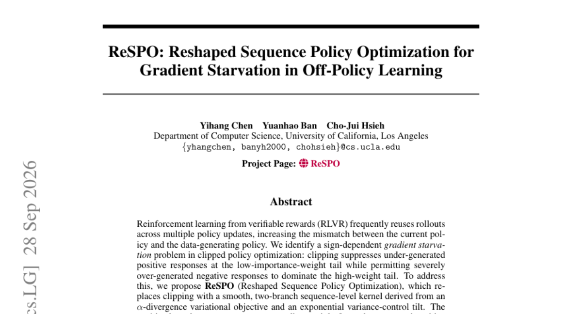 ReSPO：面向离策略学习中梯度饥饿的重塑序列策略优化