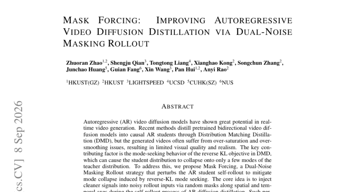 Mask Forcing:通过双噪声掩码 rollout 改进自回归视频扩散蒸馏