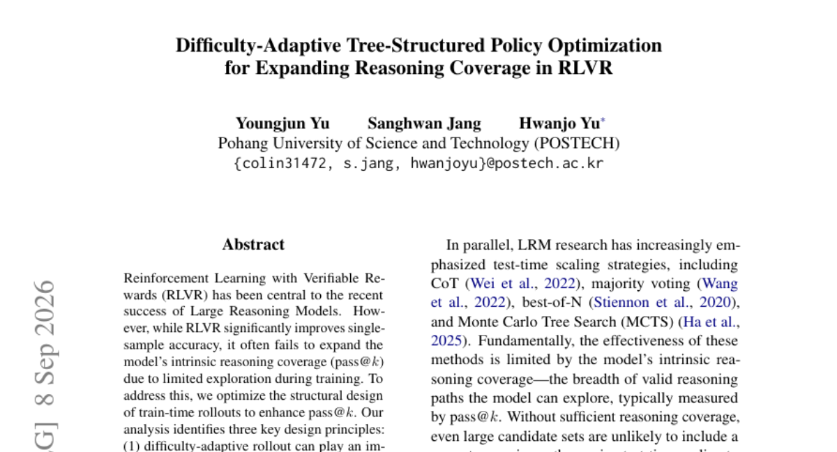 Difficulty-Adaptive Tree-Structured Policy Optimization for Expanding Reasoning Coverage in RLVR 的中译：面向扩展 RLVR 推理覆盖度的难度自
