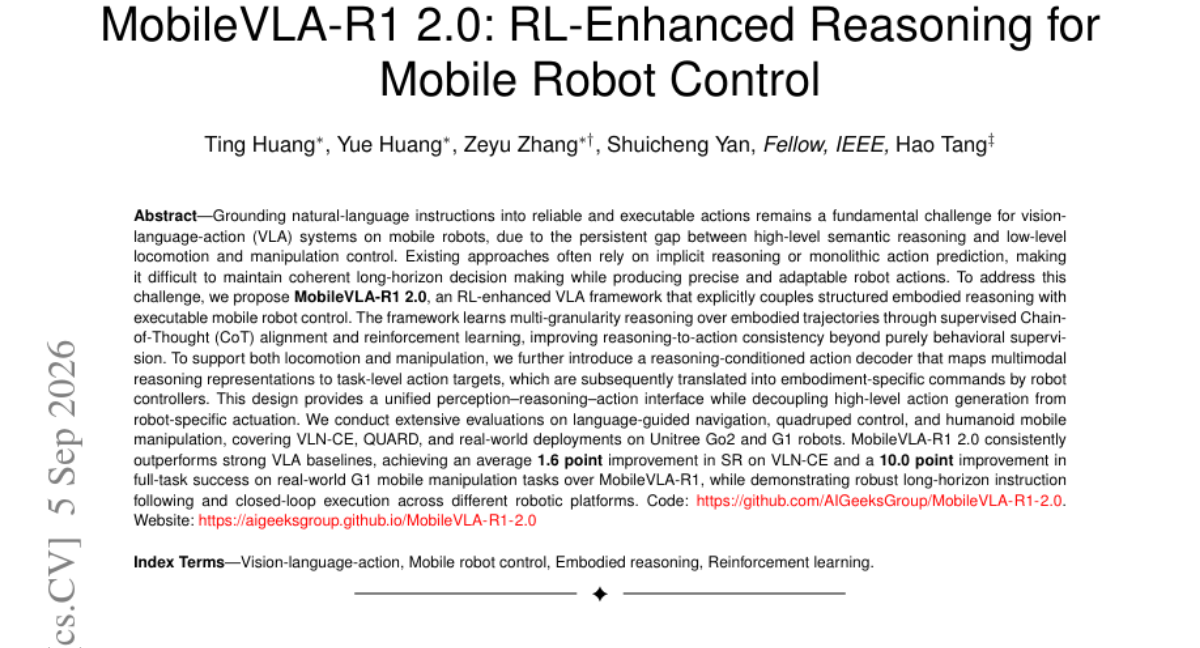 MobileVLA-R1 2.0:面向移动机器人控制的 RL 增强推理