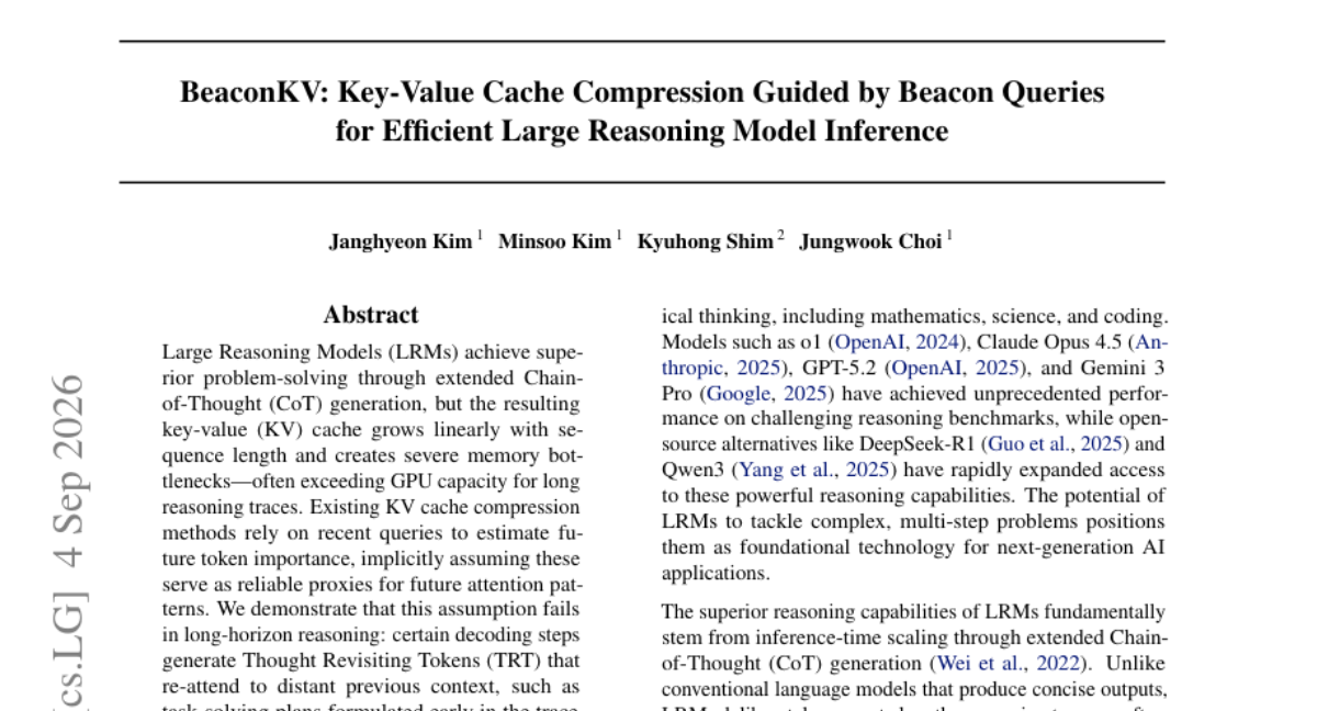 BeaconKV: 基于Beacon查询的键值缓存压缩,用于高效大型推理模型推理