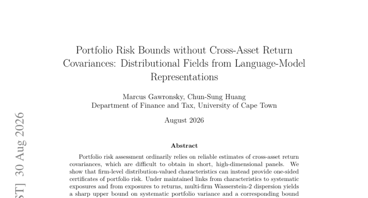 Portfolio Risk Bounds without Cross-Asset Return Covariances: Distributional Fields from Language-Model Representations