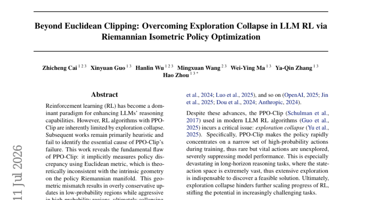 Beyond Euclidean Clipping: 通过 Riemannian Isometric Policy Optimization 克服 LLM RL 中的探索崩溃