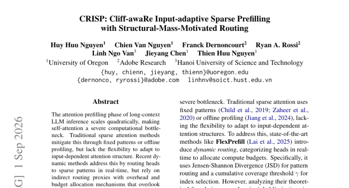 CRISP: Cliff-awaRe Input-adaptive Sparse Prefilling with Structural-Mass-Motivated Routing