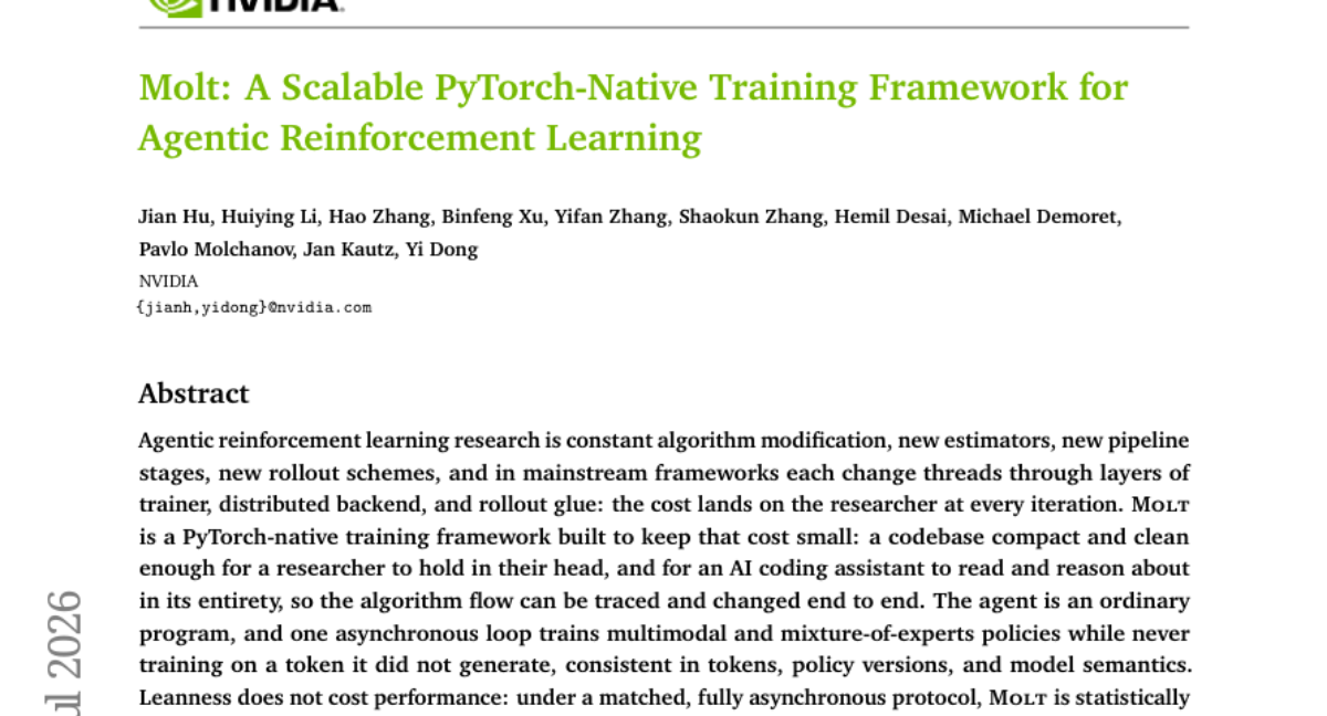 Molt: 可扩展的 PyTorch 原生训练框架，用于智能体强化学习