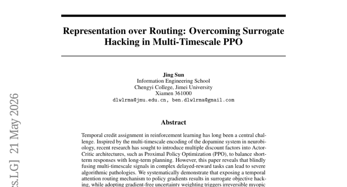 Representation over Routing: Overcoming Surrogate Hacking in Multi-Timescale PPO