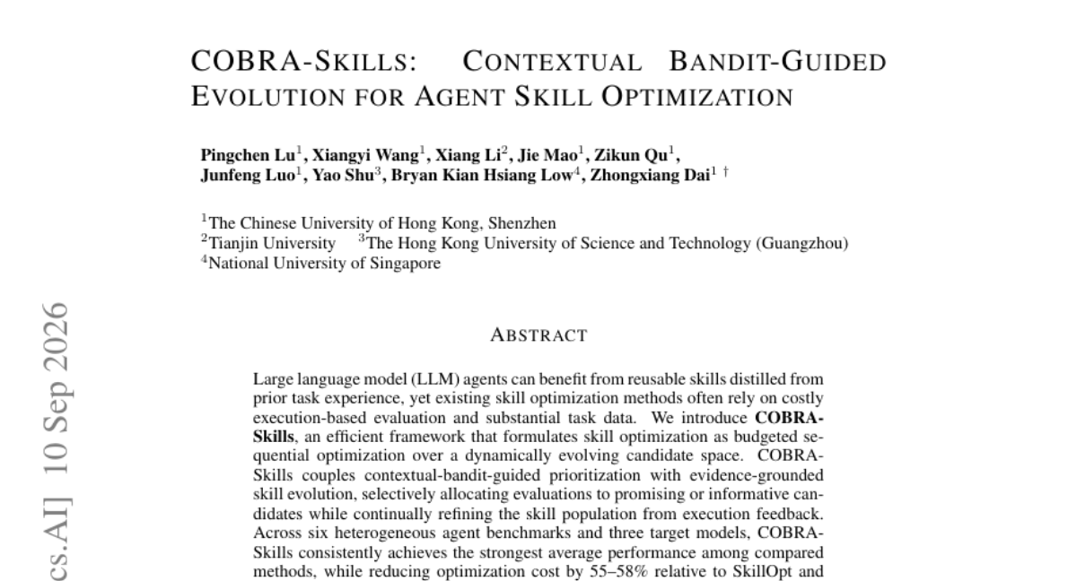 COBRA-Skills: 面向 Agent 技能优化的上下文赌博机引导演化