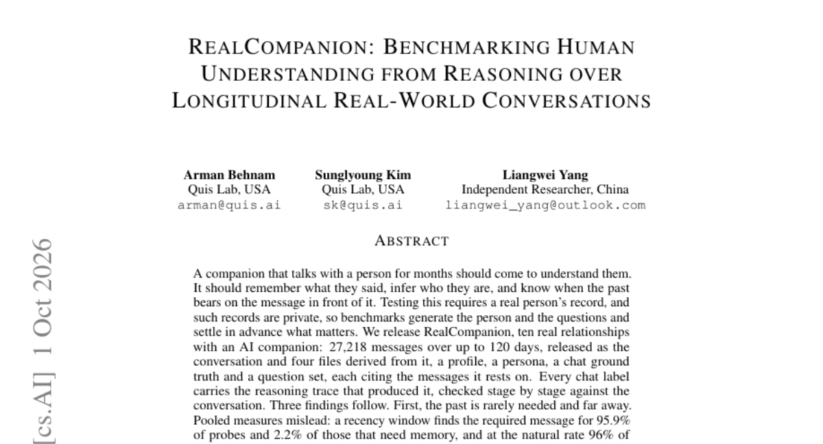 RealCompanion：从纵向真实世界对话推理中基准测试人类理解能力