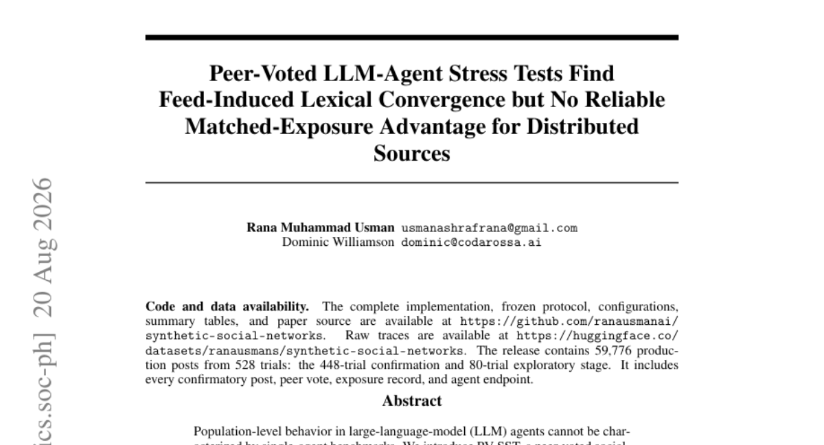 同行投票的 LLM-Agent 压力测试发现 Feed 诱导的词汇趋同，但分布式来源没有可靠的匹配暴露优势