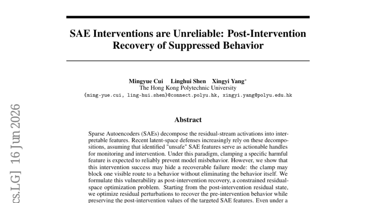 SAE Interventions are Unreliable: 干预后抑制行为的恢复