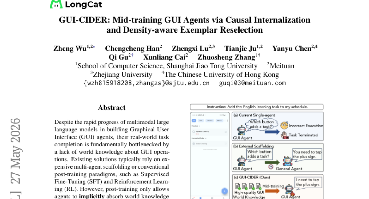 GUI-CIDER: 通过因果内化与密度感知示例重选进行GUI智能体中间训练