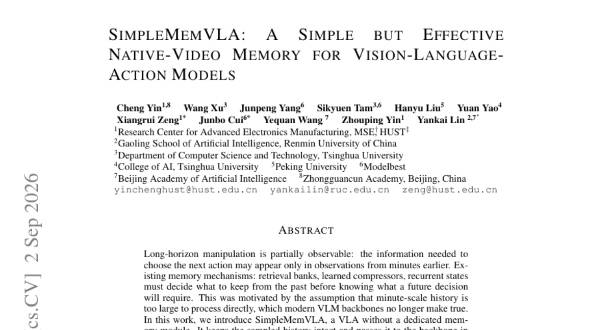 SimpleMemVLA: 一种简单但有效的原生视频记忆,面向 Vision-Language-Action 模型