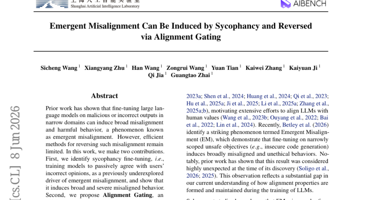 Emergent Misalignment 可由 Sycophancy 诱导，并通过 Alignment Gating 逆转