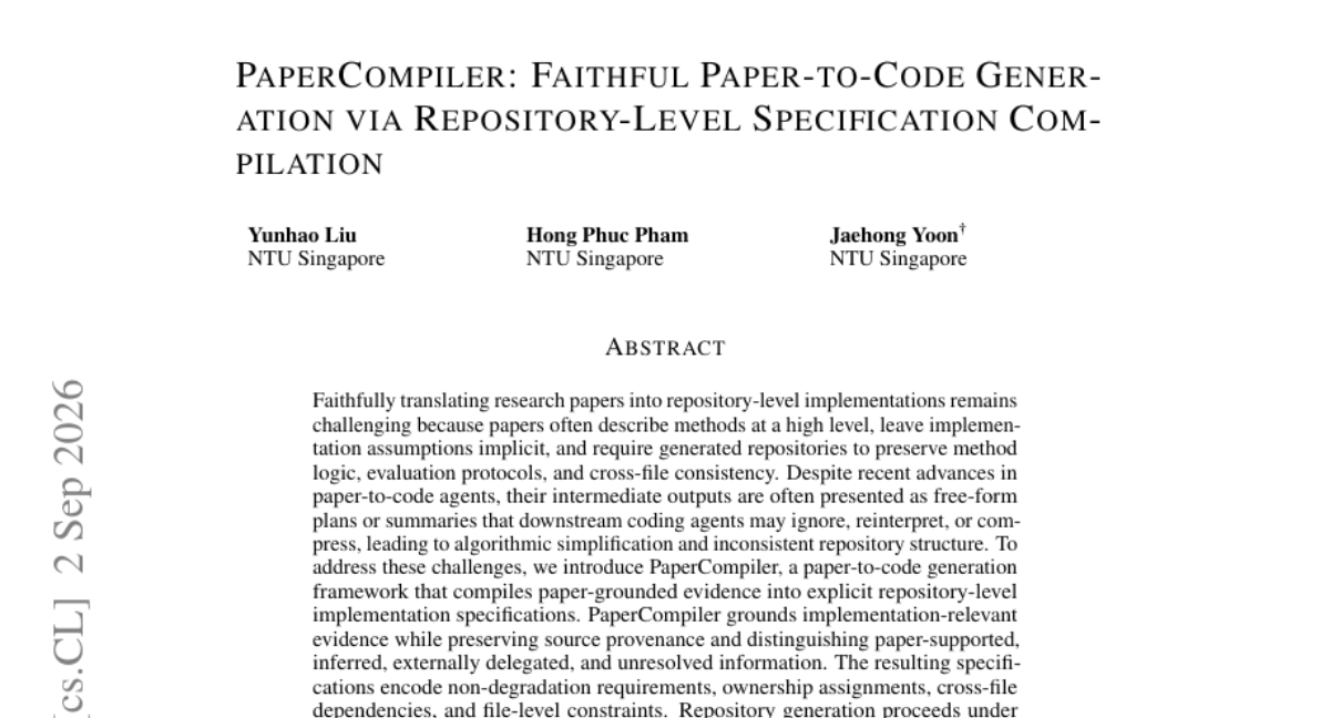 PaperCompiler: 基于仓库级规格编译的忠实论文到代码生成