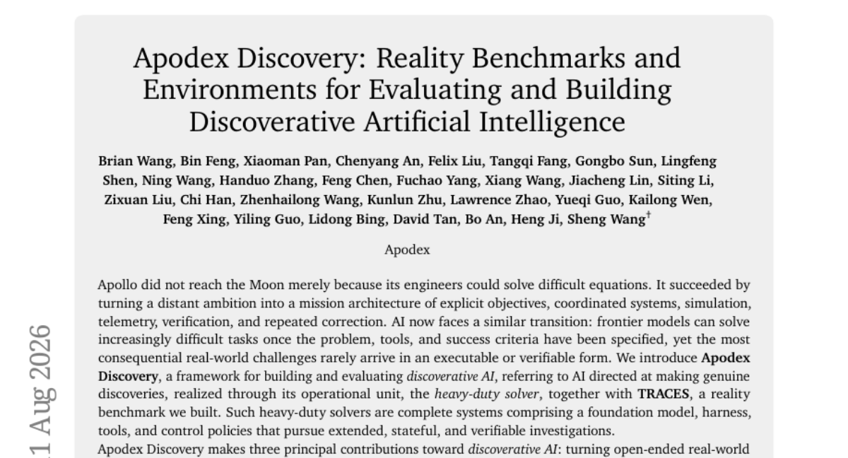 Apodex Discovery: 用于评估与构建发现型人工智能的现实基准与环境