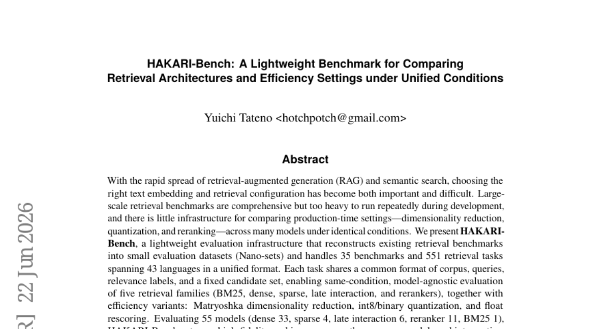 HAKARI-Bench: 统一条件下比较检索架构与效率配置的轻量级基准