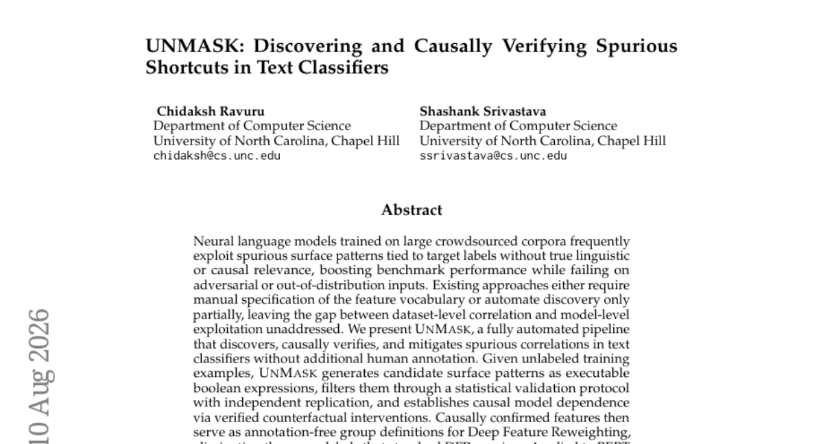 UNMASK: 发现并因果验证文本分类器中的虚假捷径