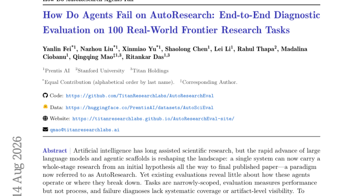 How Do Agents Fail on AutoResearch: End-to-End Diagnostic Evaluation on 100 Real-World Frontier Research Tasks