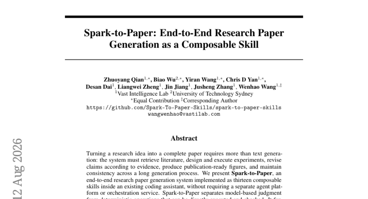 Spark-to-Paper: 端到端研究论文生成作为可组合技能