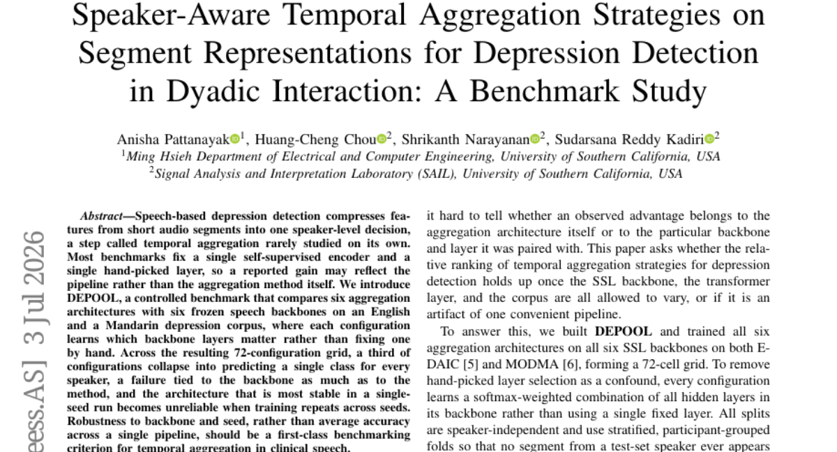二元交互中抑郁检测的片段表示上的Speaker-Aware Temporal Aggregation策略：一项基准研究