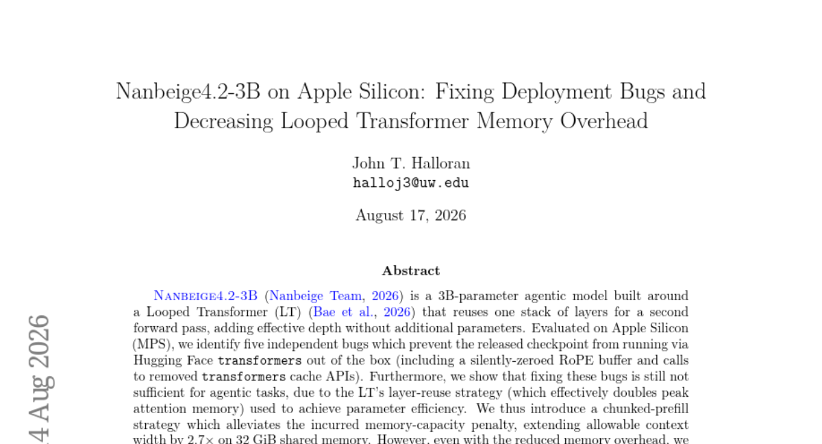 Nanbeige4.2-3B on Apple Silicon: Fixing Deployment Bugs and Decreasing Looped Transformer Memory Overhead