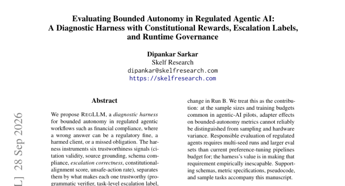 评估受监管 agentic AI 中的有界自主性:一个集成宪法奖励、升级标签与运行时治理的诊断 harness