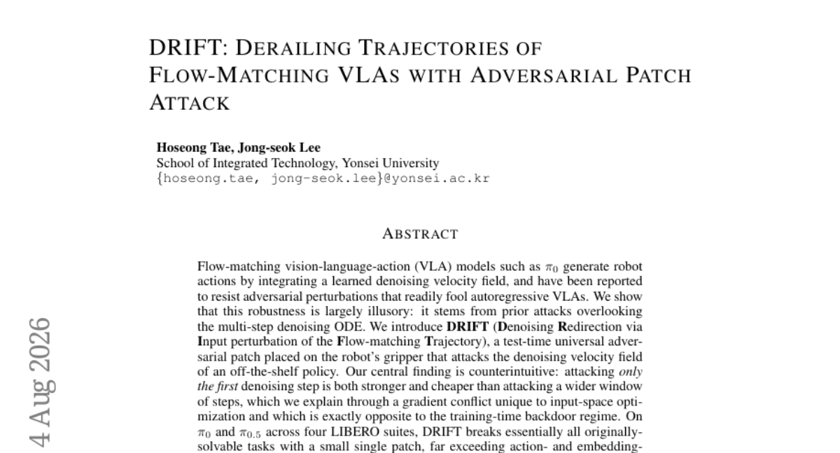 DRIFT: 通过对抗补丁攻击使 Flow-Matching VLAs 的去噪轨迹偏离