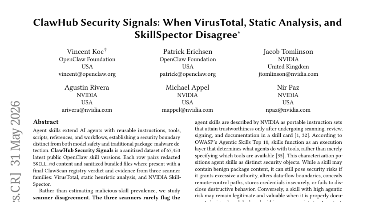 ClawHub 安全信号：当 VirusTotal、静态分析和 SkillSpector 意见不一致时