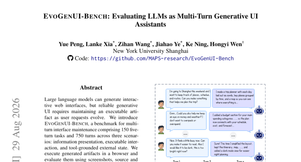 EvoGenUI-Bench: 评估 LLM 作为多轮生成式 UI 助手