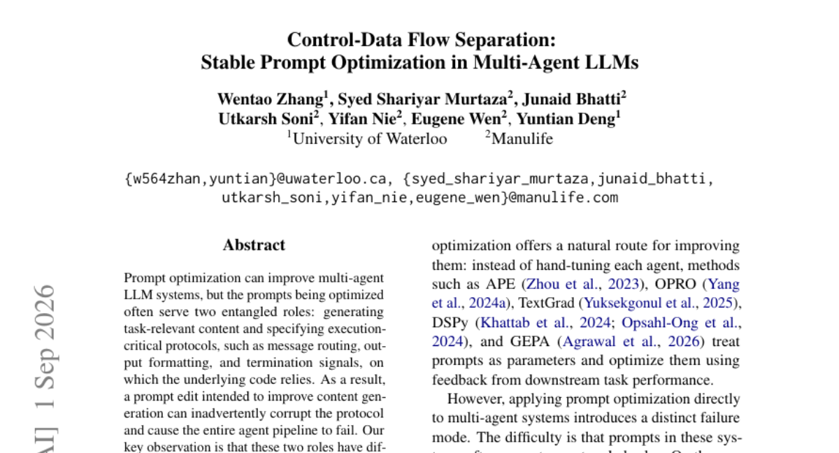 Control-Data Flow Separation: Multi-Agent LLM 中稳定的 Prompt 优化