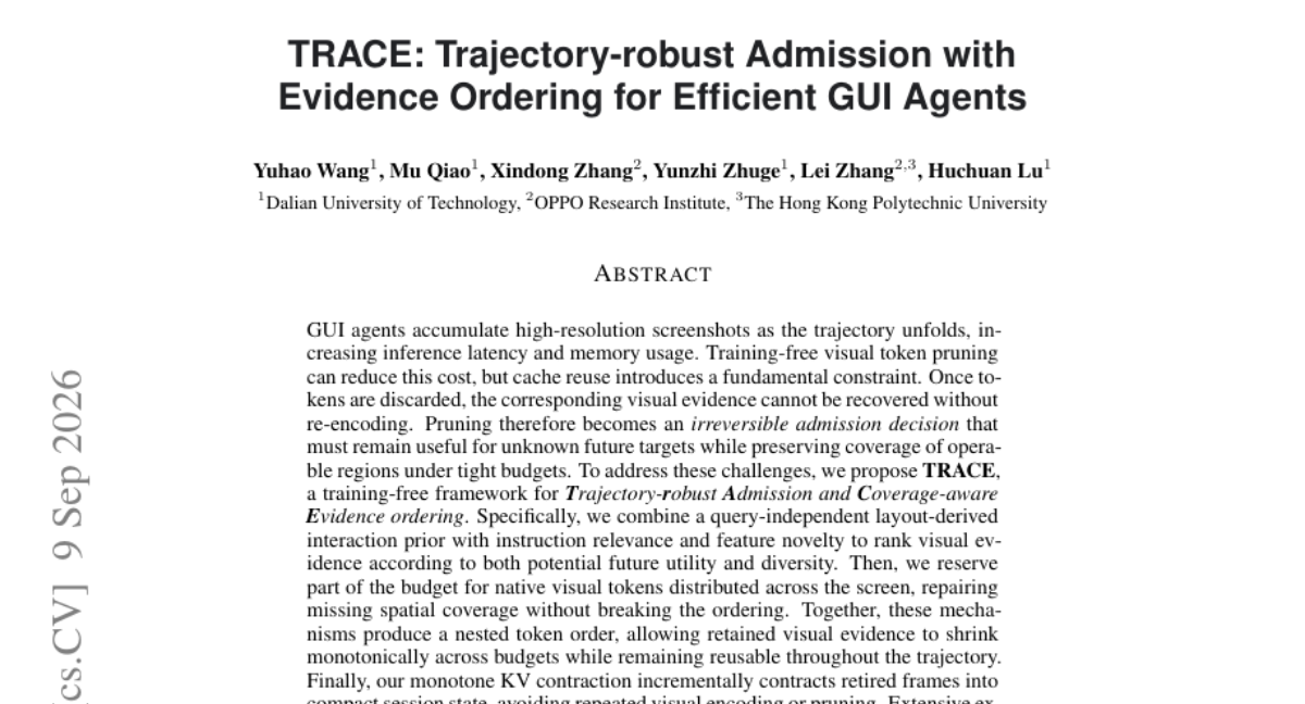 TRACE: 面向高效 GUI Agents 的轨迹鲁棒准入与证据排序