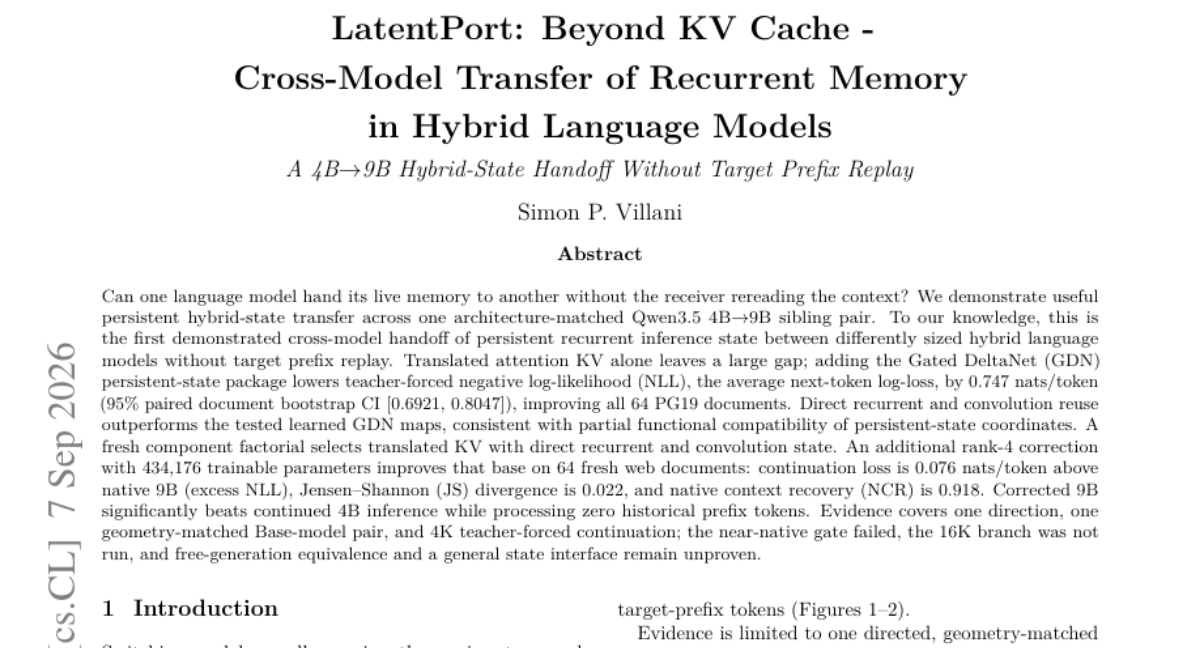 LatentPort:超越 KV Cache —— 混合语言模型中循环记忆的跨模型迁移:无需目标前缀重放的 4B 到 9B 混合状态交接