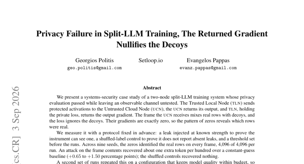 Split-LLM 训练中的隐私失败：返回的梯度使诱饵失效
