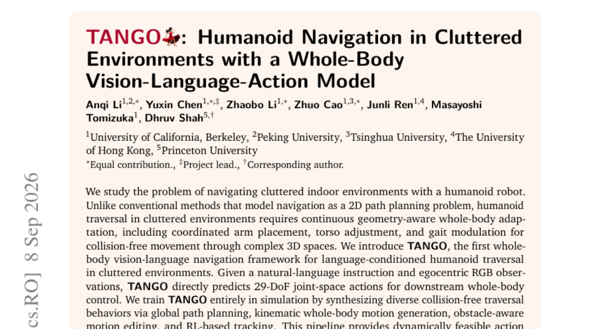 TANGO: 在杂乱环境中使用全身视觉-语言-动作模型进行人形机器人导航