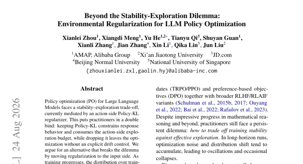 超越稳定性-探索困境：用于 LLM 策略优化的环境正则化