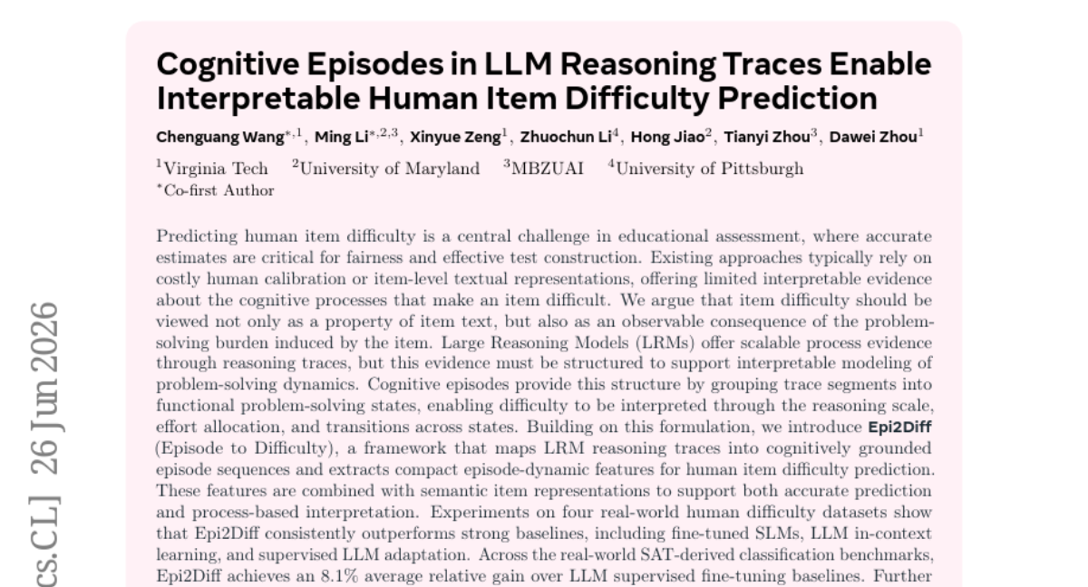 LLM 推理痕迹中的 Cognitive Episodes 实现可解释的人类项目难度预测