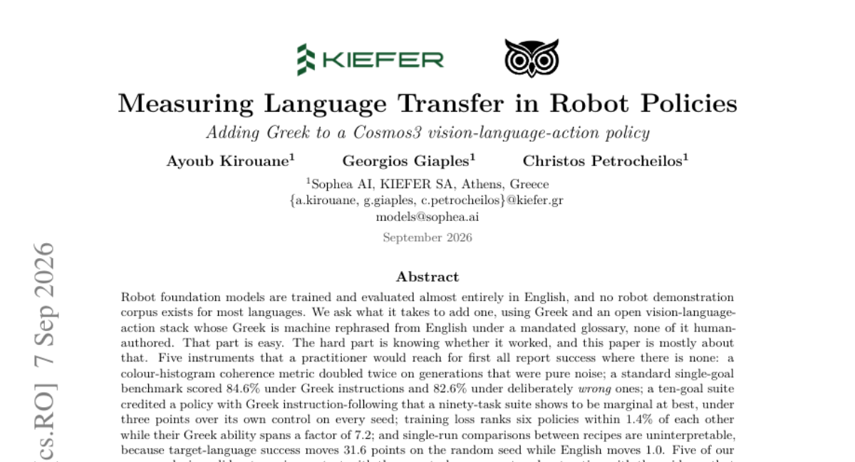 衡量机器人策略中的语言迁移:为 Cosmos3 Vision-Language-Action 策略加入希腊语
