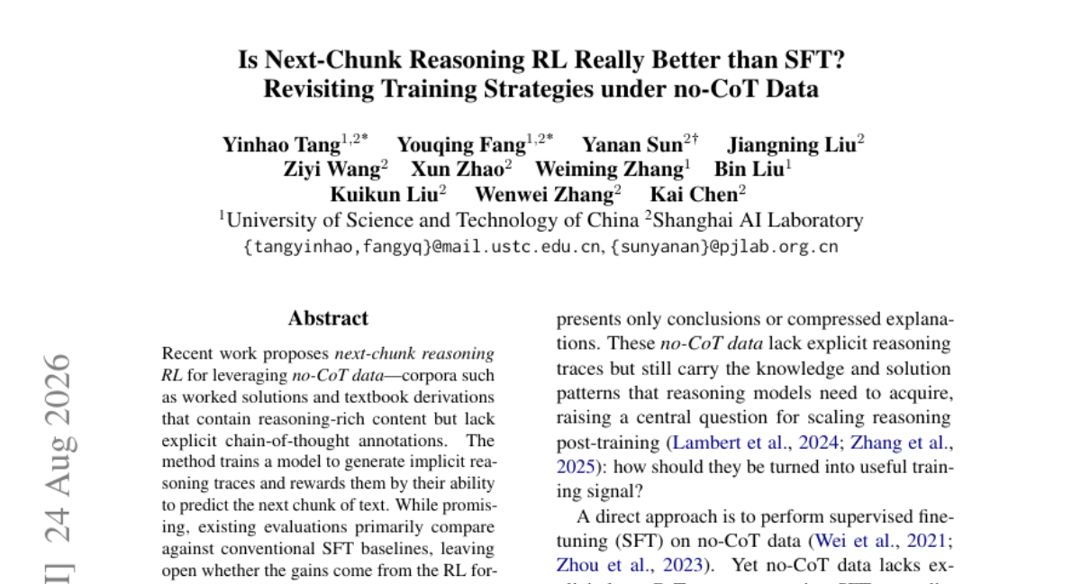 Next-Chunk Reasoning RL 真的比 SFT 更好吗?重新审视无 CoT 数据下的训练策略