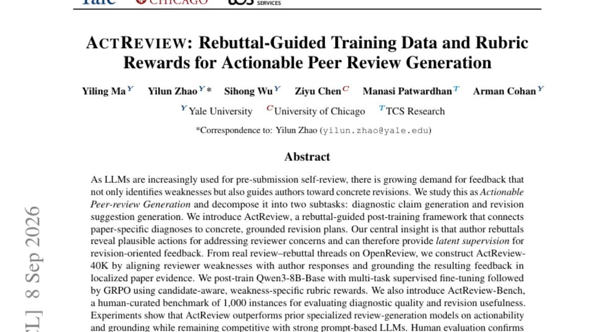 ActReview:回复引导的训练数据与评分标准奖励,面向可操作的同行评审生成