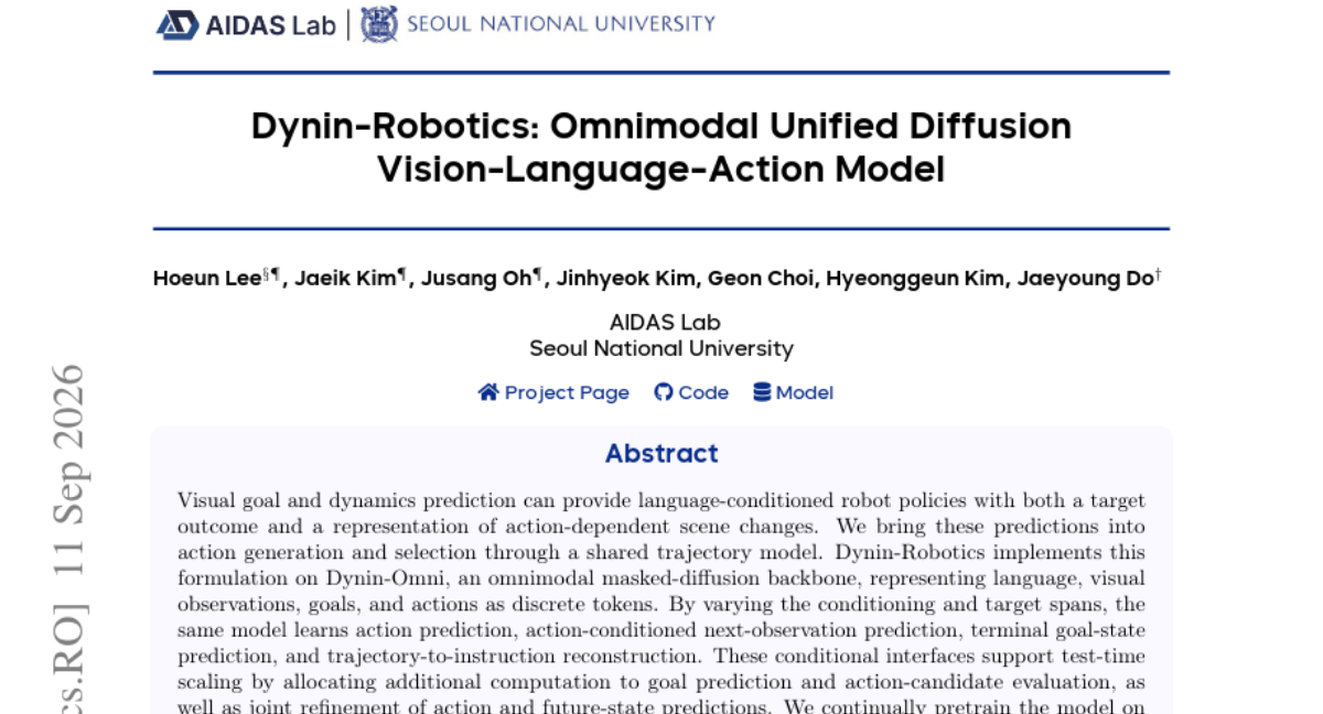 Dynin-Robotics: Omnimodal 统一 Diffusion Vision-Language-Action 模型