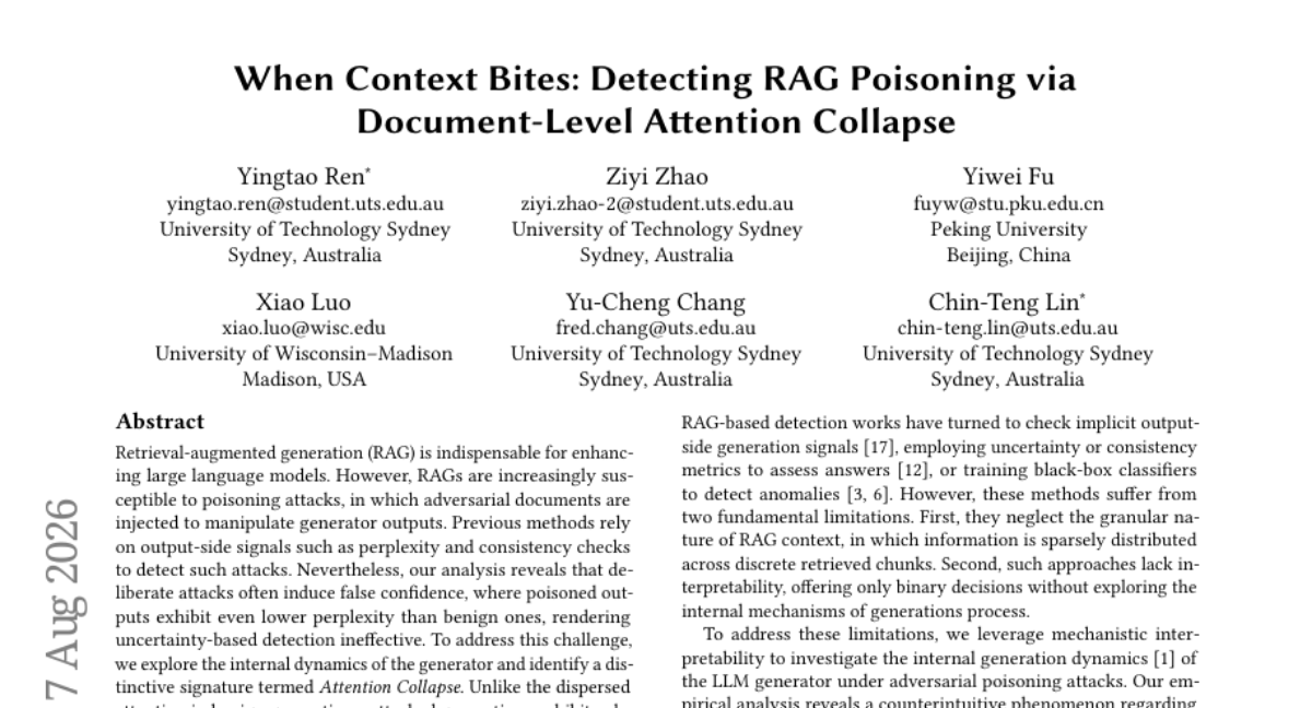 When Context Bites: 通过文档级注意力坍缩检测 RAG 投毒攻击