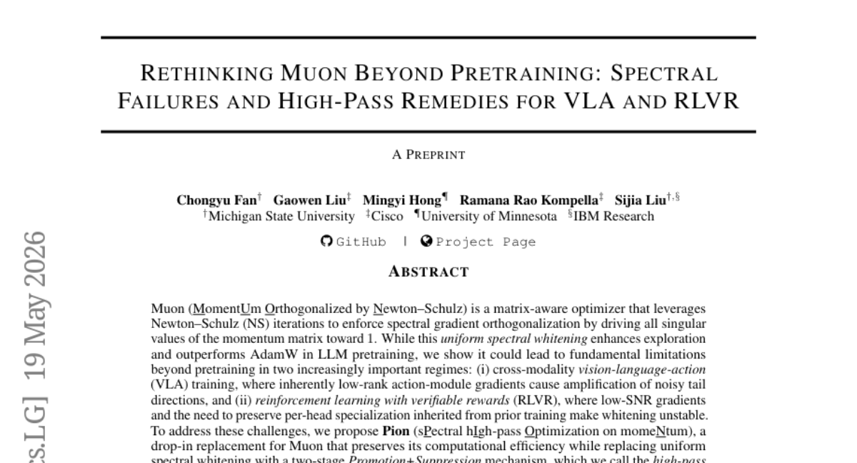 重新思考预训练之外的 Muon：VLA 和 RLVR 的频谱失败与高通解决方法