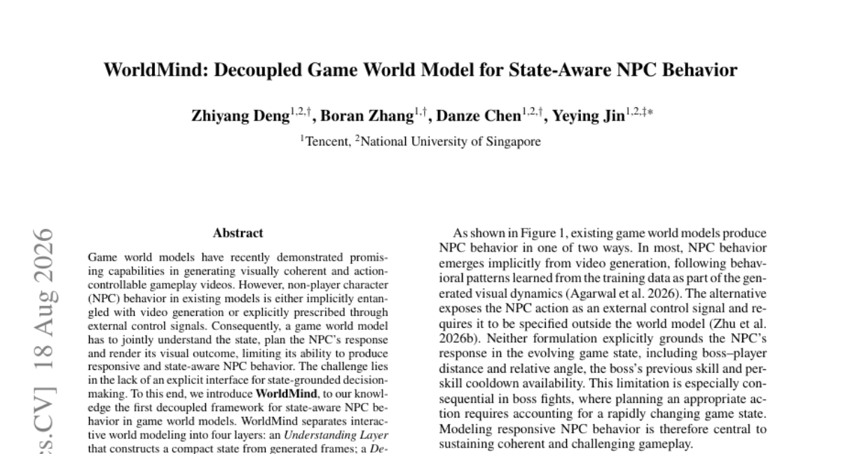 WorldMind: 解耦游戏世界模型实现状态感知NPC行为